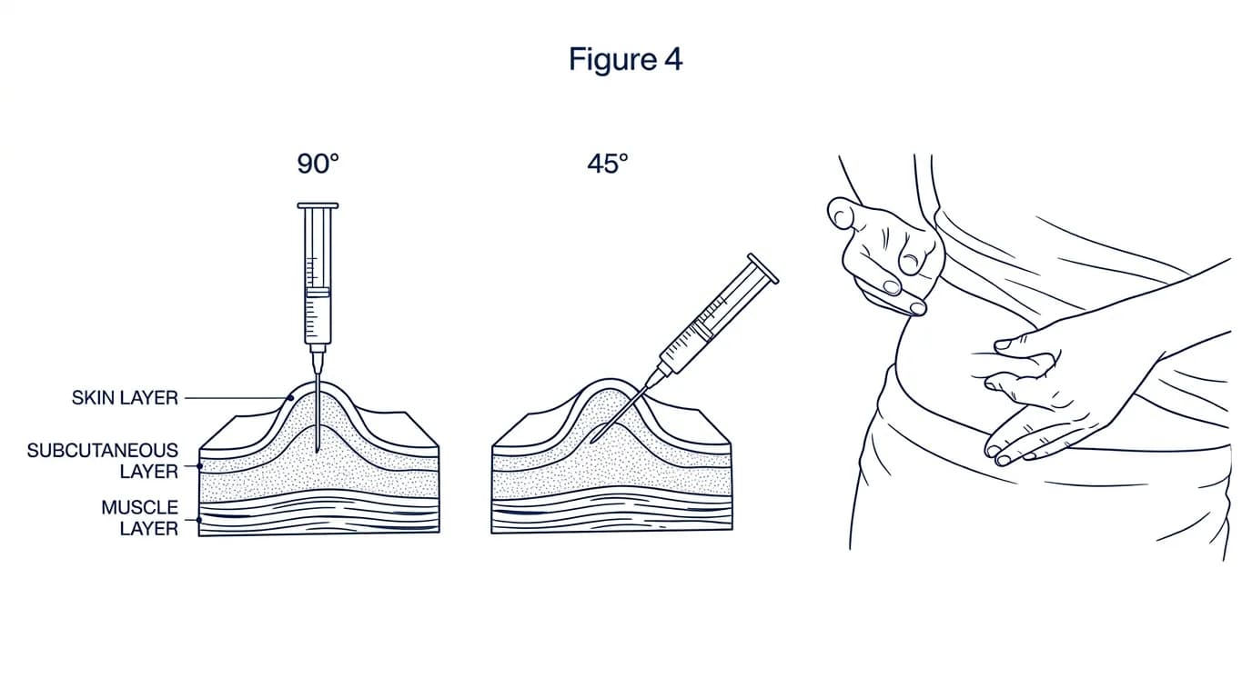 Figure 4: Injection technique showing 90-degree and 45-degree needle angles with skin cross-section and pinching technique